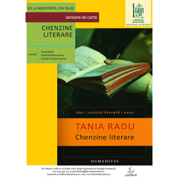 Joi, 4 septembrie, ora 19:00 - Lansare de volum: Chenzine literare, Tania Radu