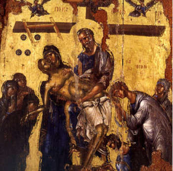 Icoana Coborarii de pe cruce a Mantuitorului - foita de aur cu aspect invechit pe lemn