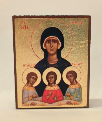 Icoana-Magnet Sfanta Sofia si fiicele sale - cu foita de aur si matase, pe lemn (reproducere), 5/6 cm