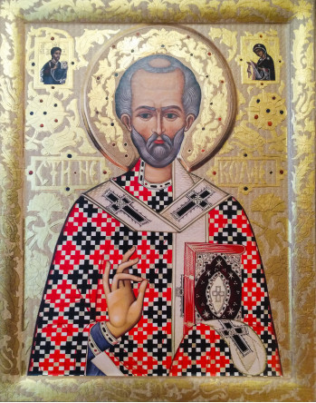 Icoana Sfantul Nicolae de la Manastirea Arnota -  Icoana cu foita de aur si matase, pe lemn (reproducere)