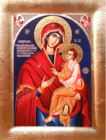 Icoana Maica Domnului Grabnic Ascultatoarea (Gorgoepikoos), Manastirea Dochiariu - Icoana cu foita de aur si matase, pe lemn (reproducere)