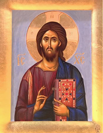 Icoana Mantuitorul, Manastirea Xenofont - Icoana cu foita de aur si matase, pe lemn (reproducere)