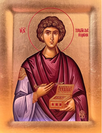 Icoana Marelui Mucenic Pantelimon - Icoana cu foita de aur si matase, pe lemn (reproducere)
