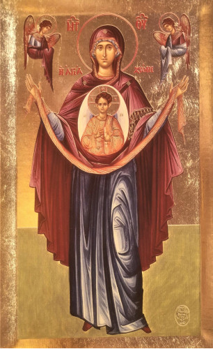 Icoana Sfantul Brau al Maicii Domnului de la Manastirea Xenofont - Icoana cu foita de aur si matase pe lemn (reproducere)