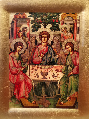 Icoana Sfanta Treime de la Manastirea Cozia - Icoana cu foita de aur si matase, pe lemn (reproducere)