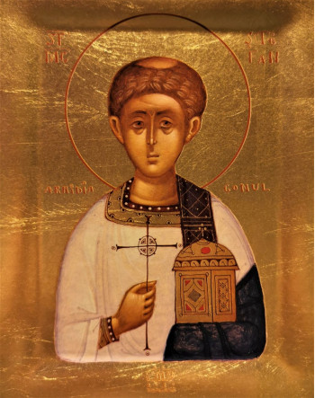 Icoana Sfantul Stefan - Icoana cu foita de aur si matase, pe lemn (reproducere)